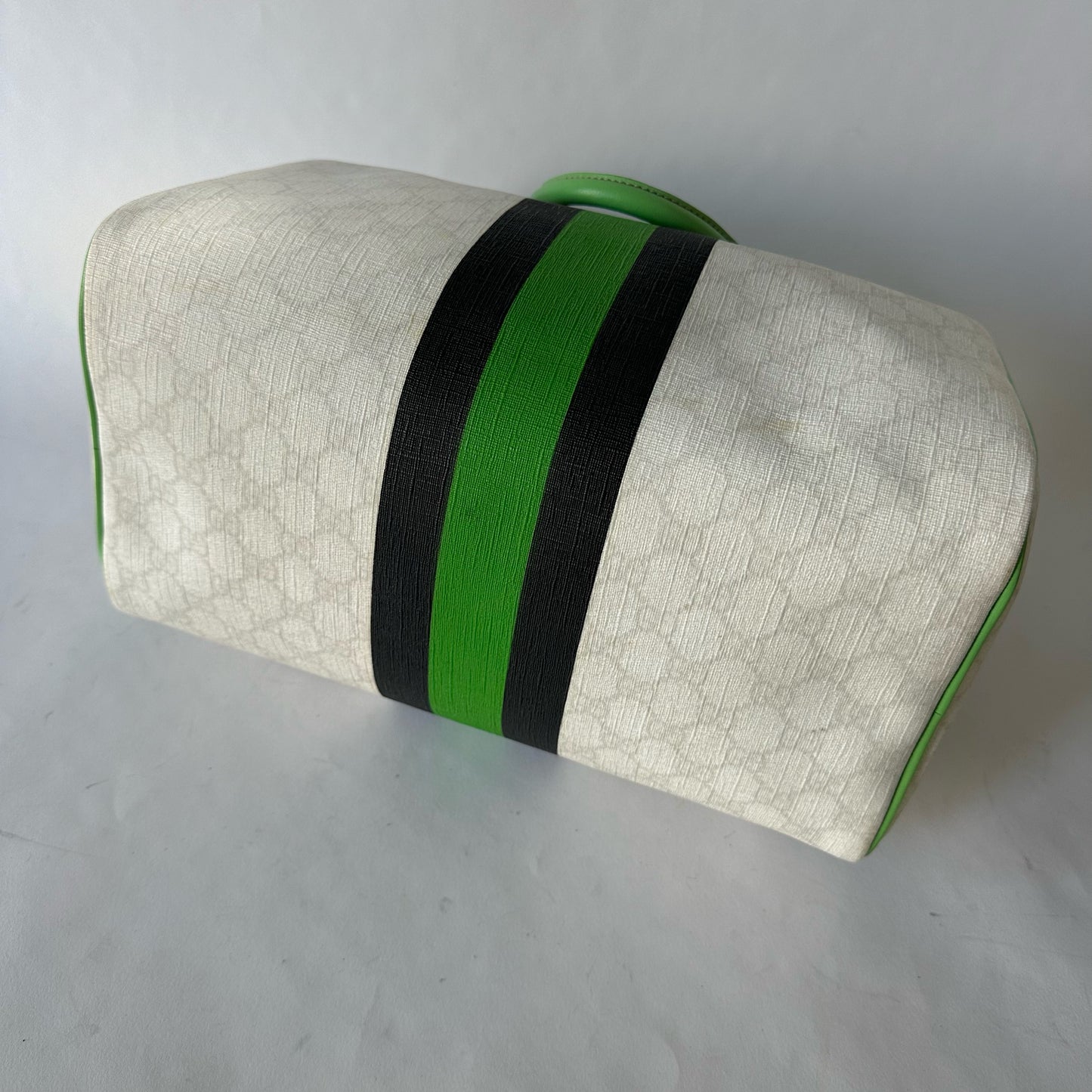 Gucci White Monogram Green Web Stripe Large Boston Bag