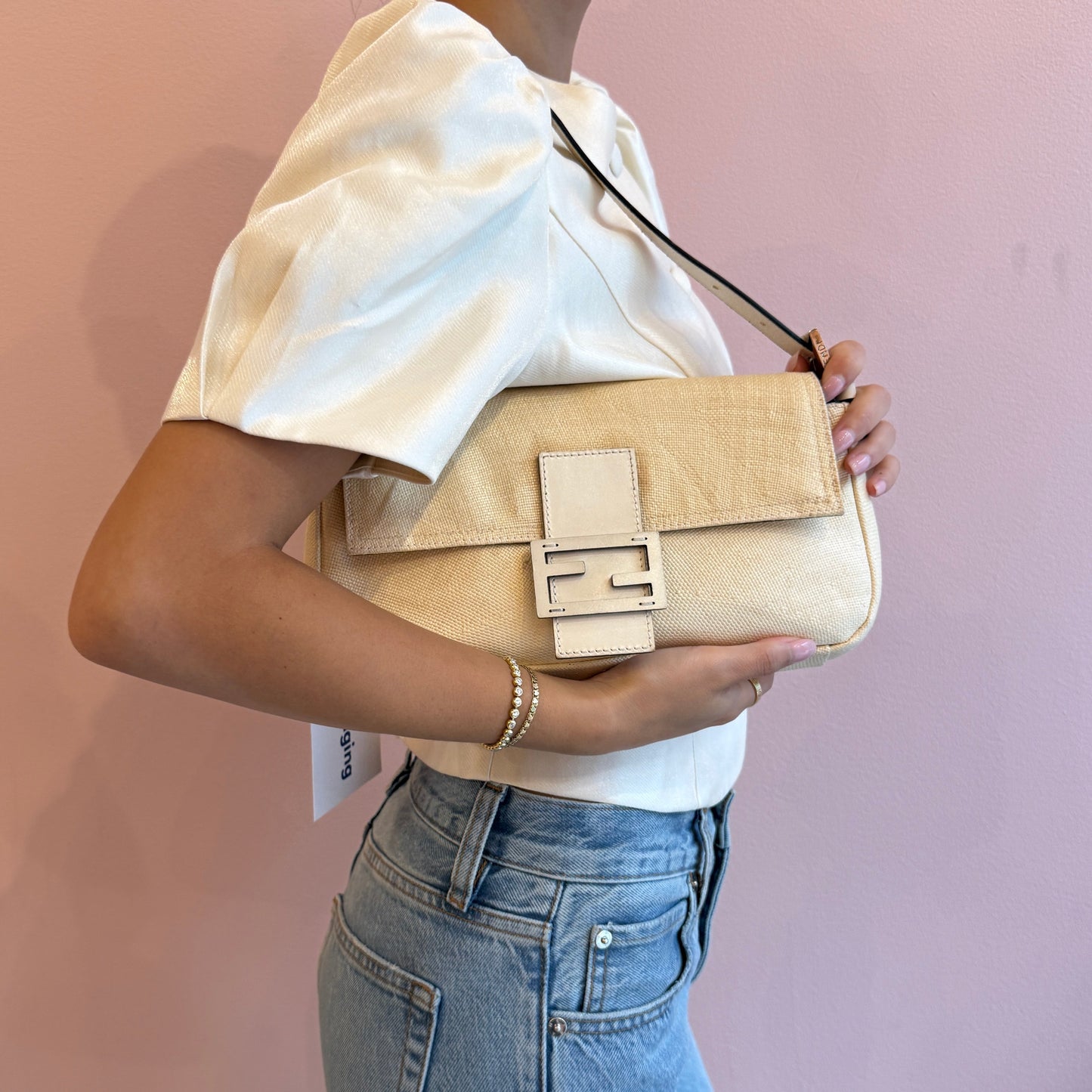 Fendi Brown & Ivory Tweed Leather Baguette Shoulder Bag