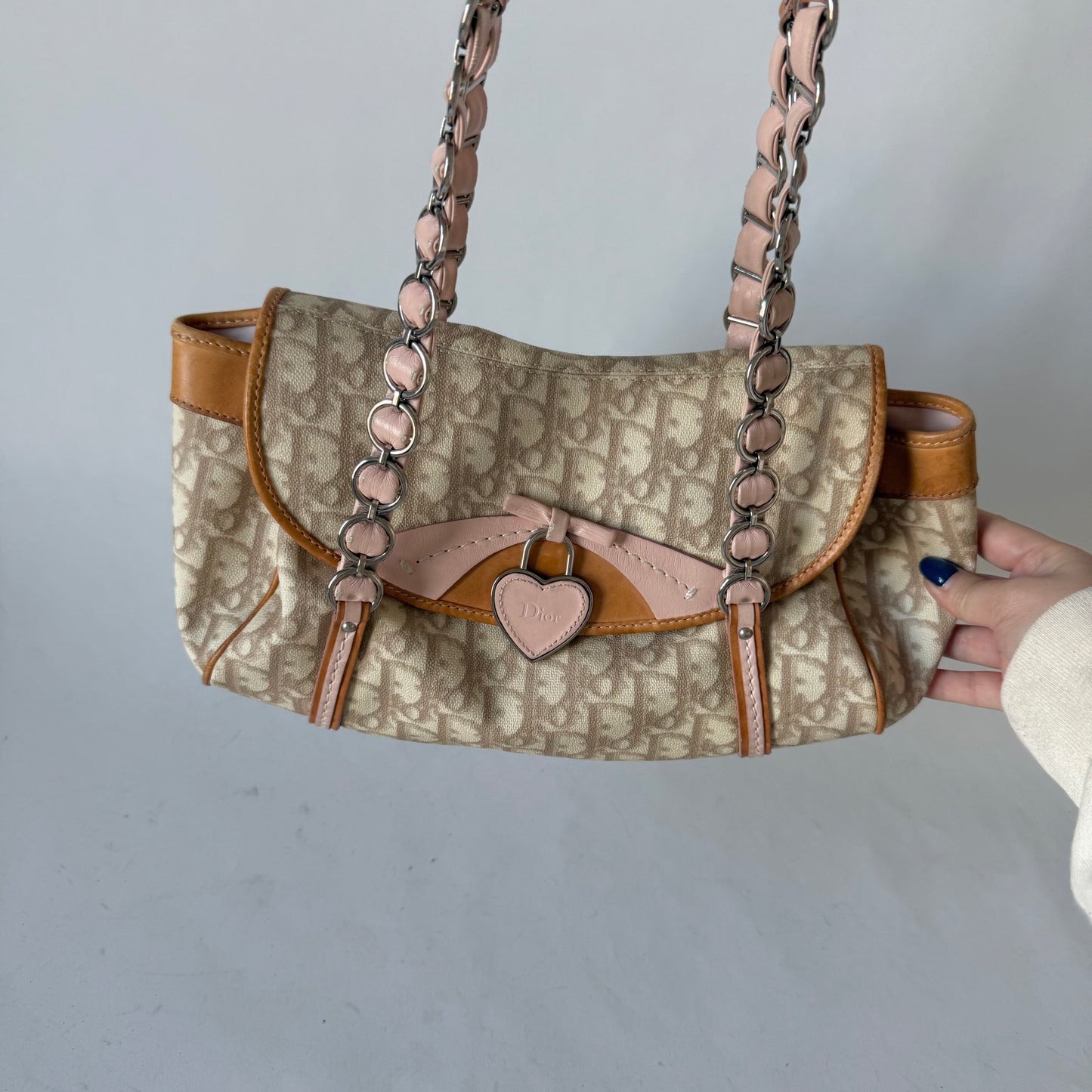 Christian Dior Beige & Pink Trotter Romantique Heart Shoulder Bag