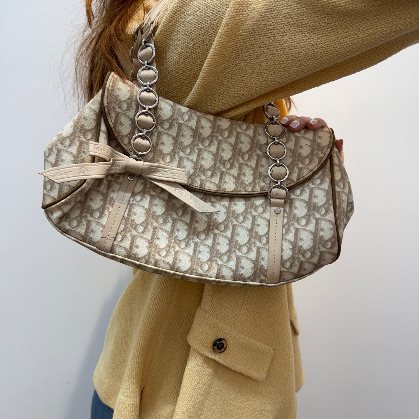 Christian Dior Cream Trotter Romantique Bow Shoulder Bag
