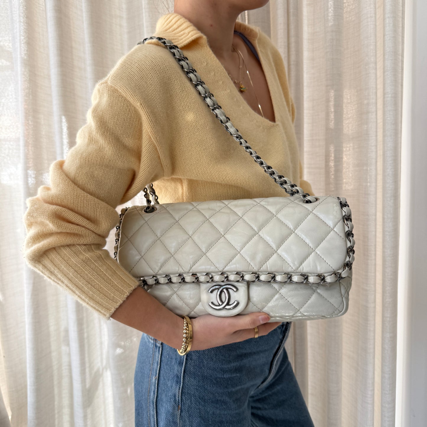 Chanel Cream Leather Quilted Me Chain Flap Bag
