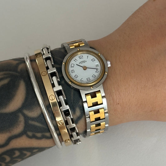 Hermes Dainty 24mm White Dial Clipper Two Tone Date Window Watch
