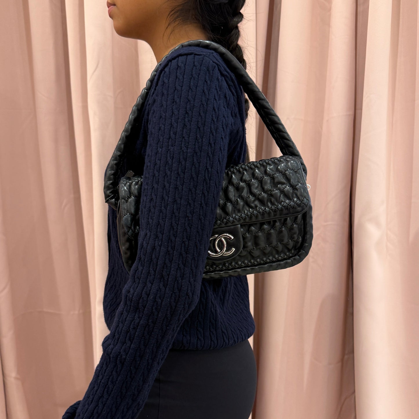 Chanel Black Ruffle Lambskin Leather Braided Handle Flap