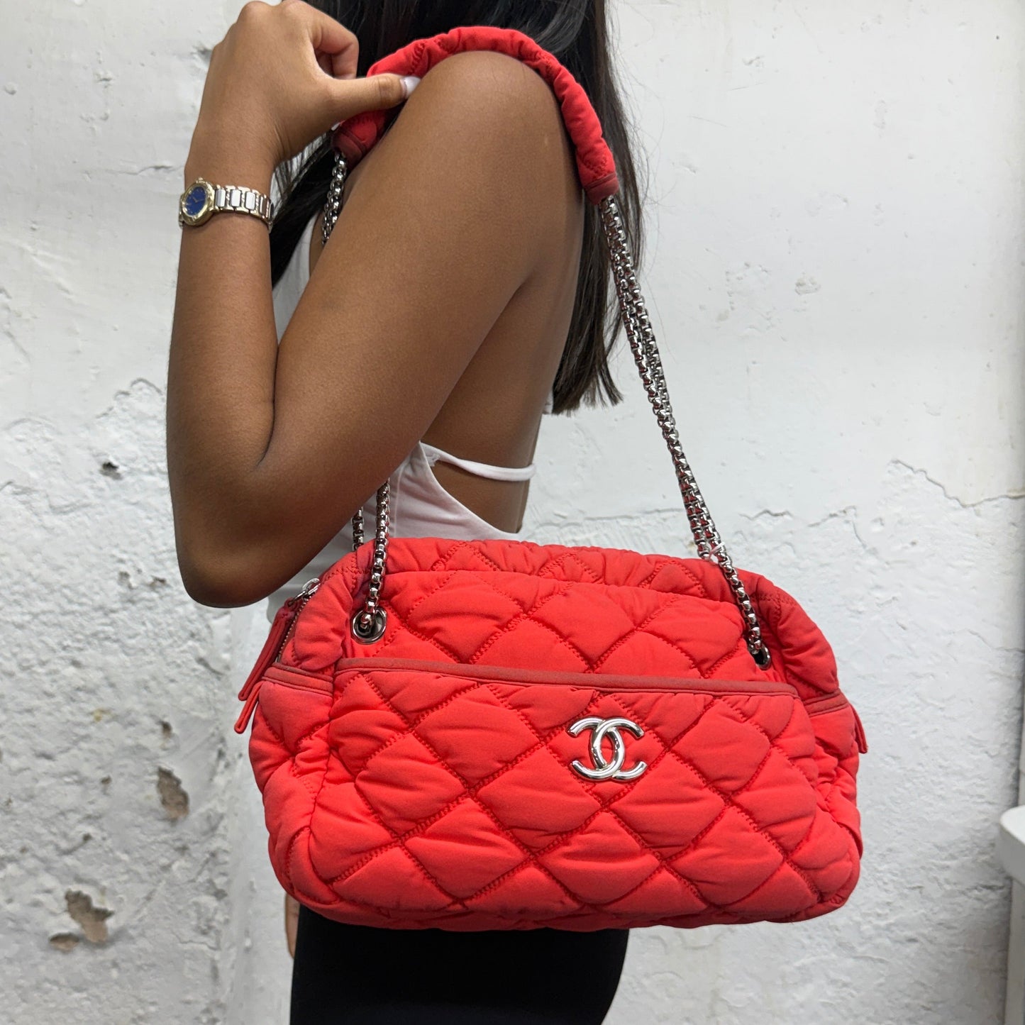 Chanel Bright Orange Bubble Quilted Shoulder Bag