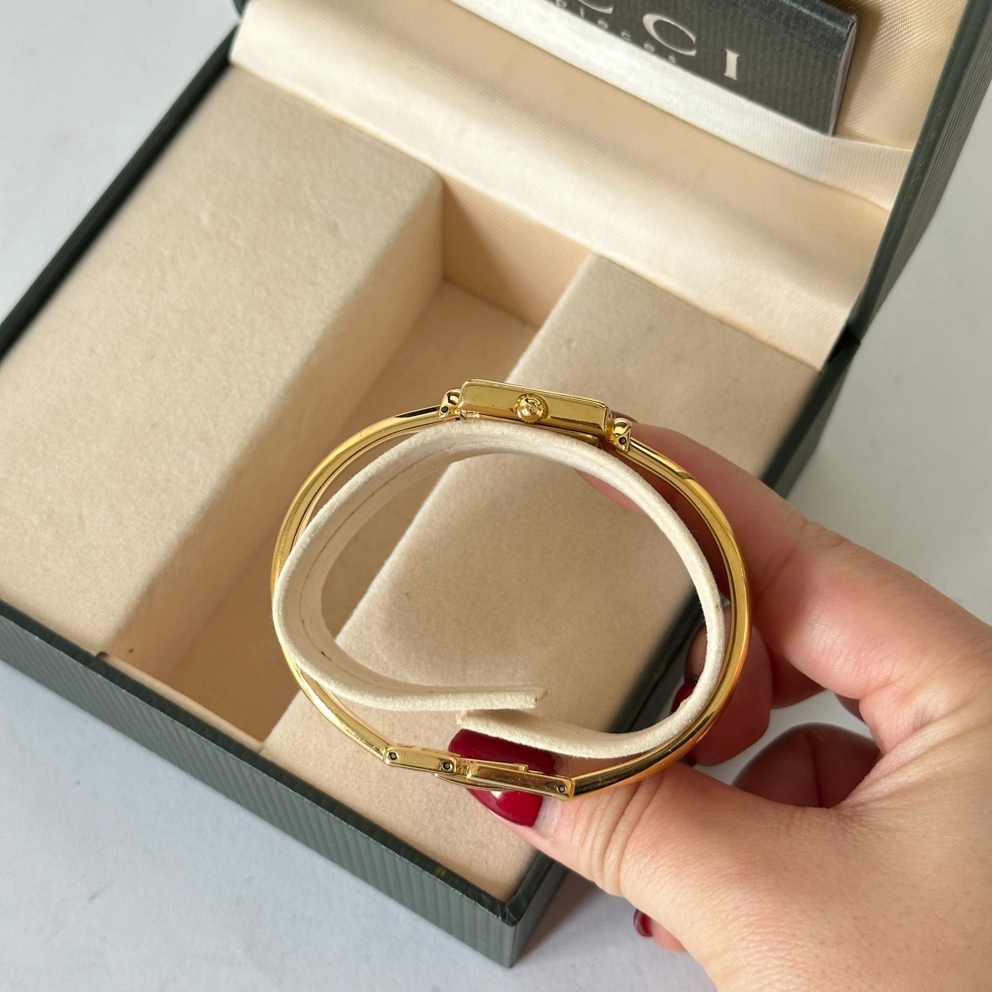 Gucci 18k GP Gold Square Dial Bangle Watch