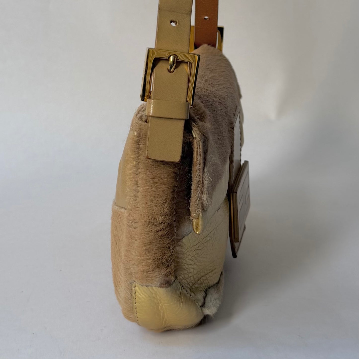 Fendi Brown & Gold Pony Hair Baguette Shoulder Bag
