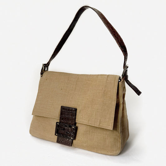 Fendi Brown Crocodile Leather Rafia Linen Mamma Baguette