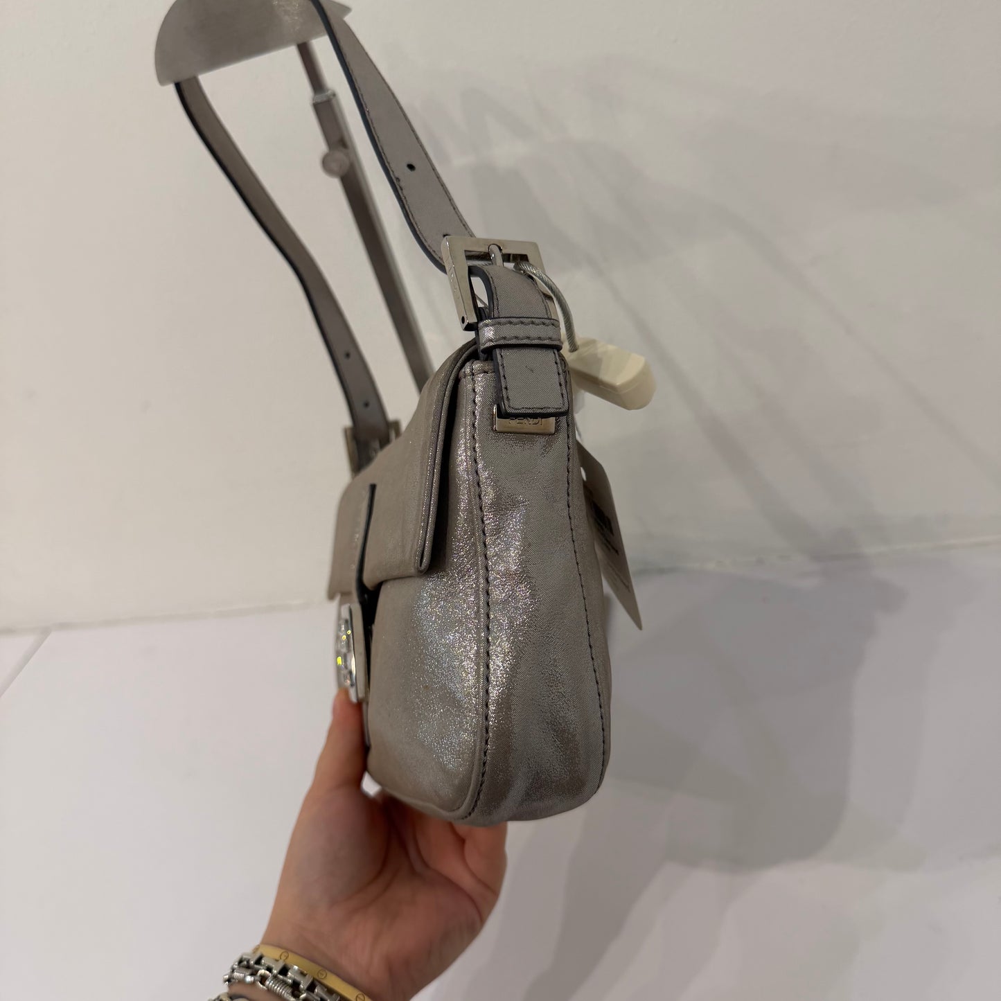 Fendi Silver Metallic Textured Leather Baguette