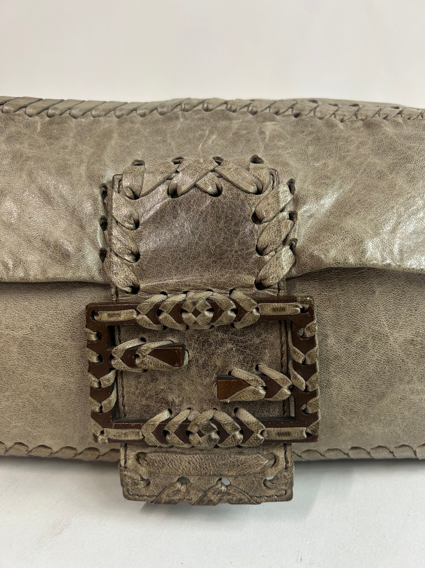Fendi Beige Leather Maxi Whipstitch Large Baguette Shoulder Bag