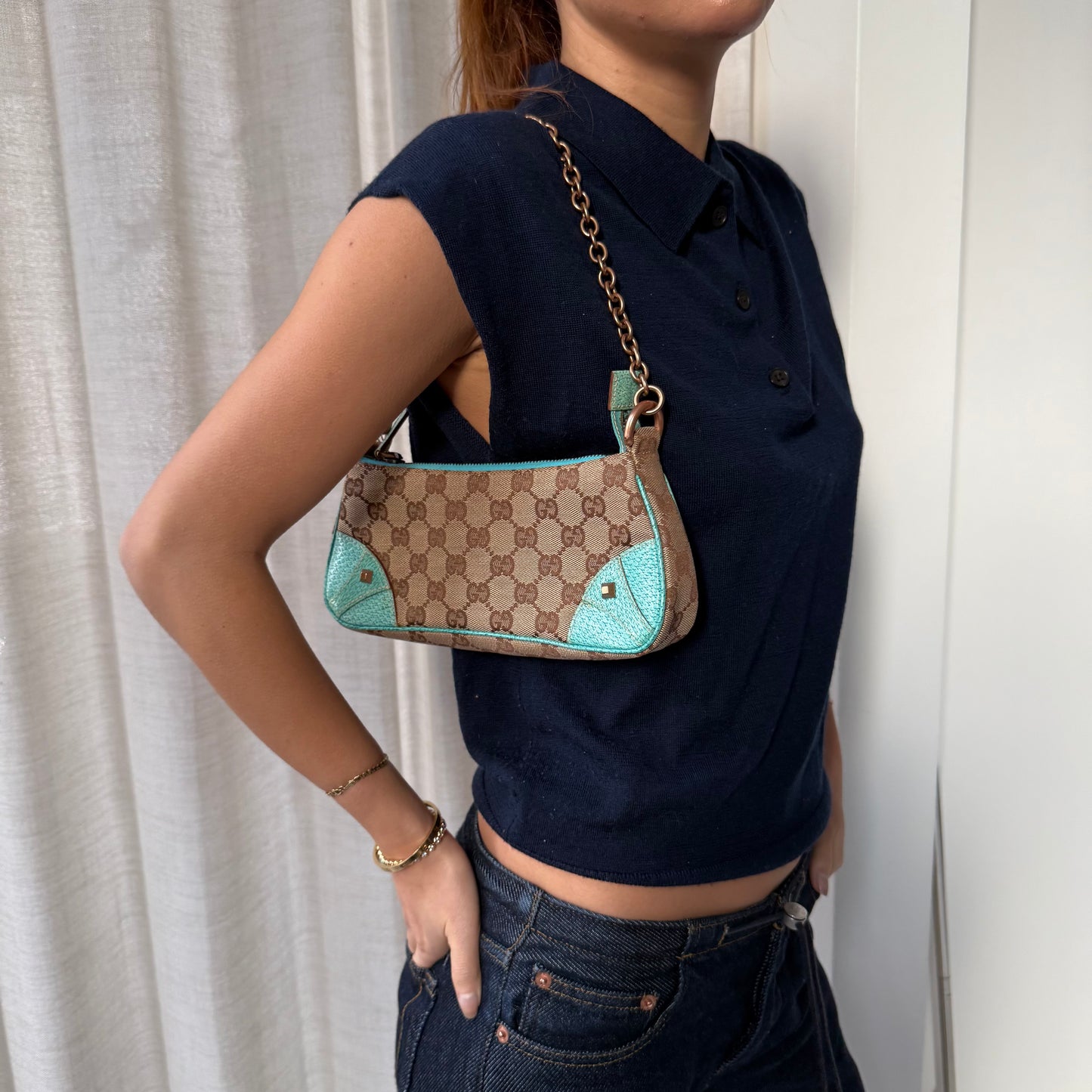 Gucci Teal Monogram Pochette Chain Strap Shoulder Bag