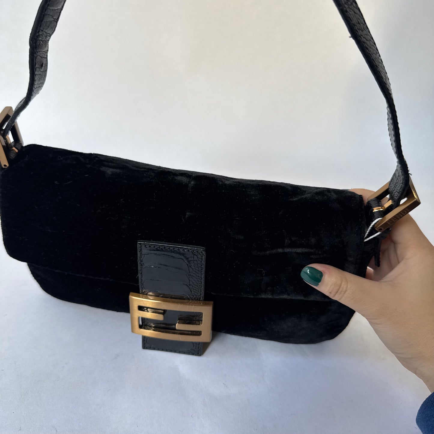 RARE Fendi Black Floral Embossed Velour & Crocodile GHW Baguette