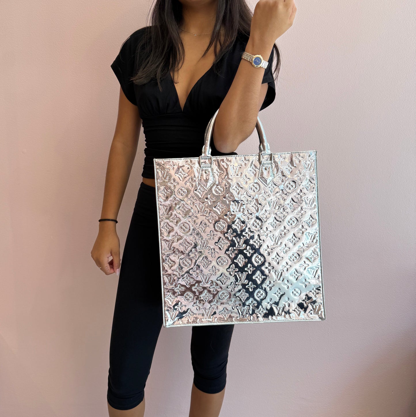 Louis Vuitton Silver Metallic Vernis Monogram Sac Plat Handbag