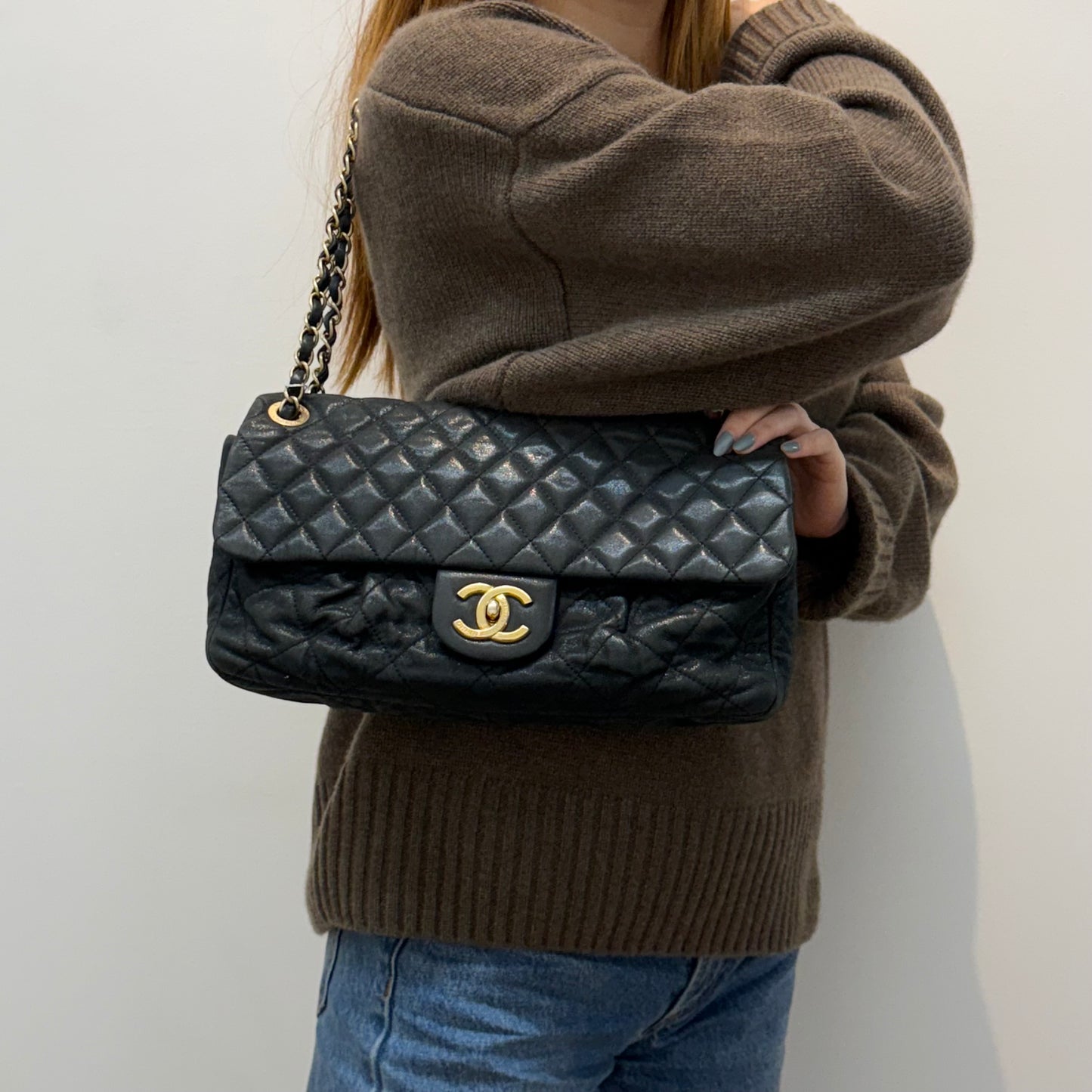 Chanel Dark Gunmetal Shiny Lambskin Flap Shoulder Bag w/ Chain Strap