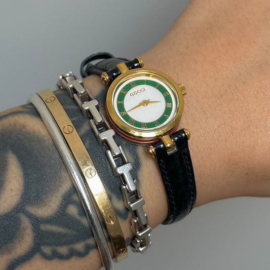 Gucci Green Dial Dainty Gold Watch w/ Leather Straps