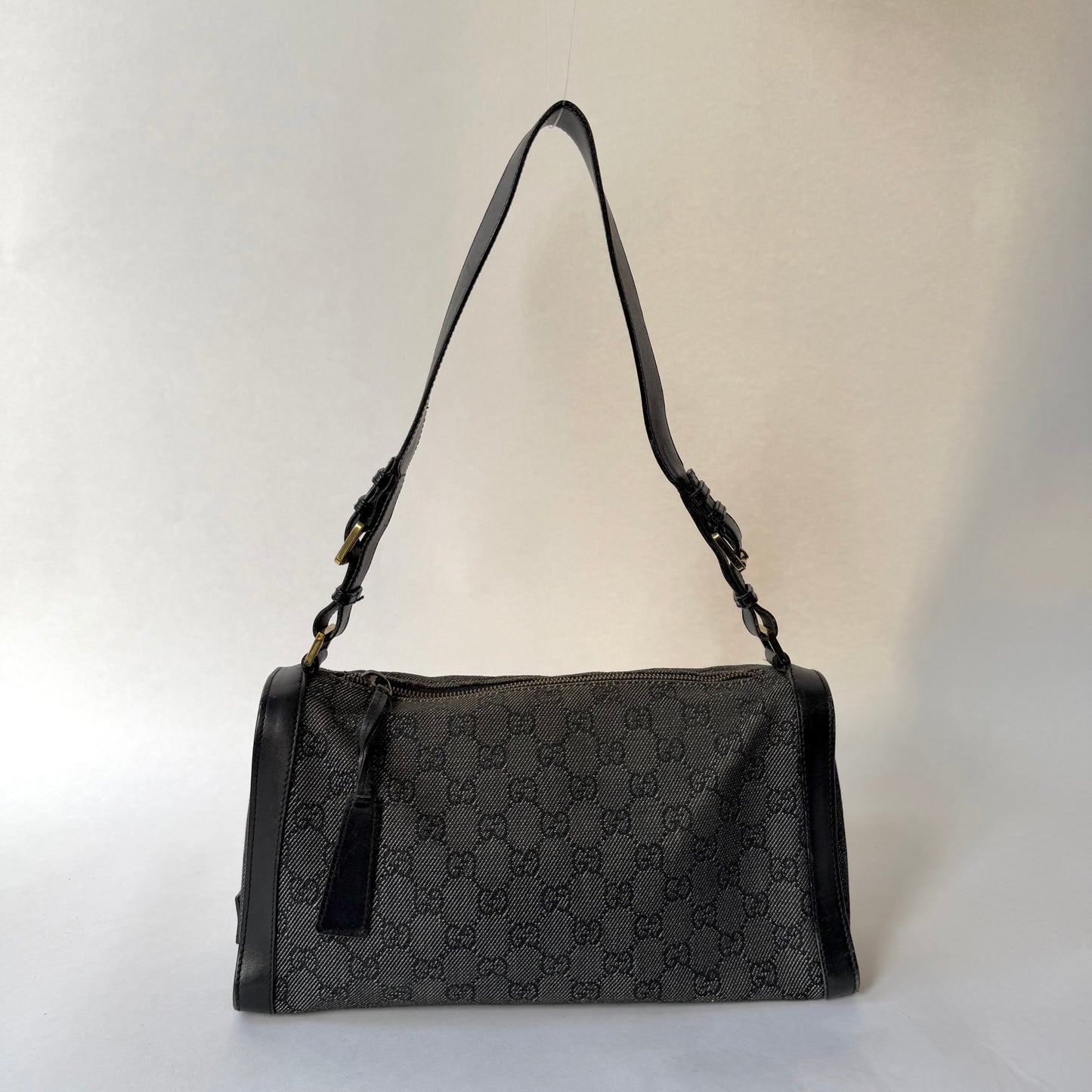 Gucci Black Denim & Leather Monogram Shoulder Bag