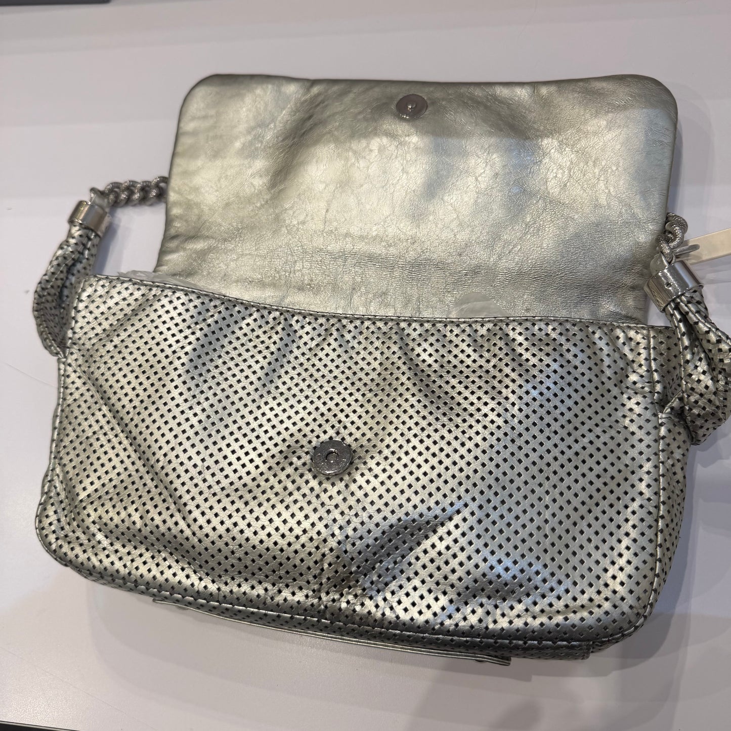 Chanel 2008 Silver Metallic Perforated Leather Rodeo Drive Shoulder Bag