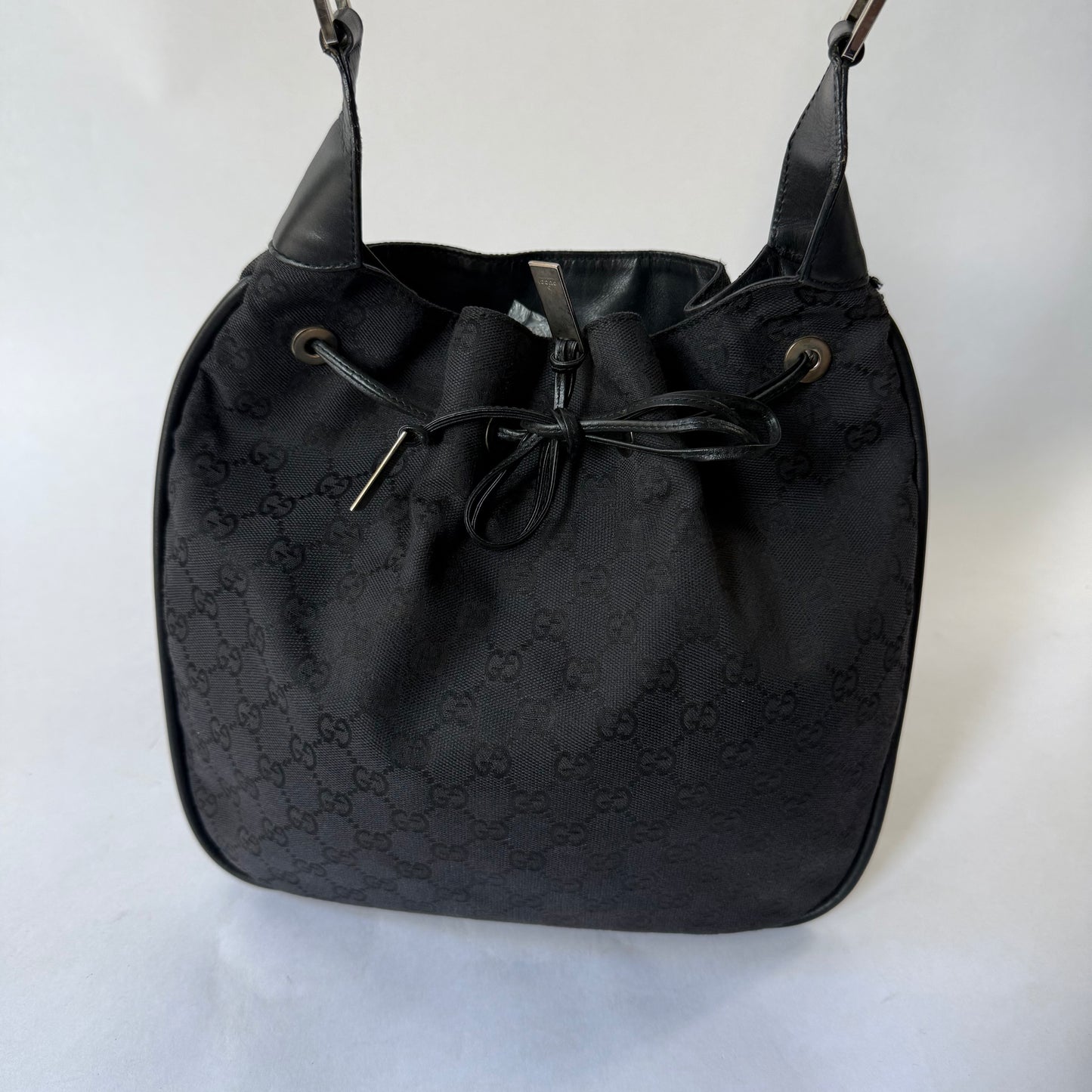 Gucci Black Monogram Bamboo Handle Tote Bag