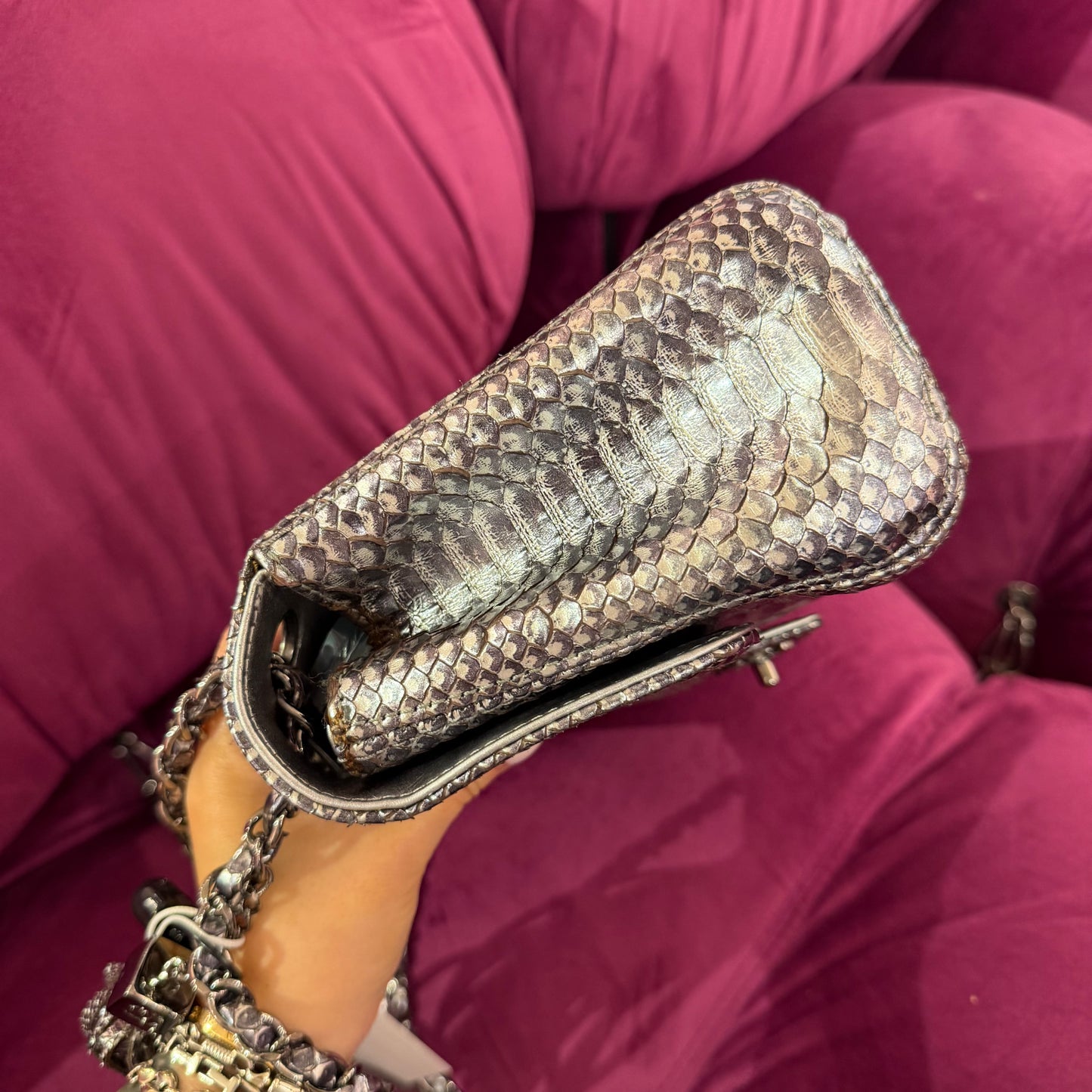 Chanel 2007 Silver Python Soho Tassel Flap Bag