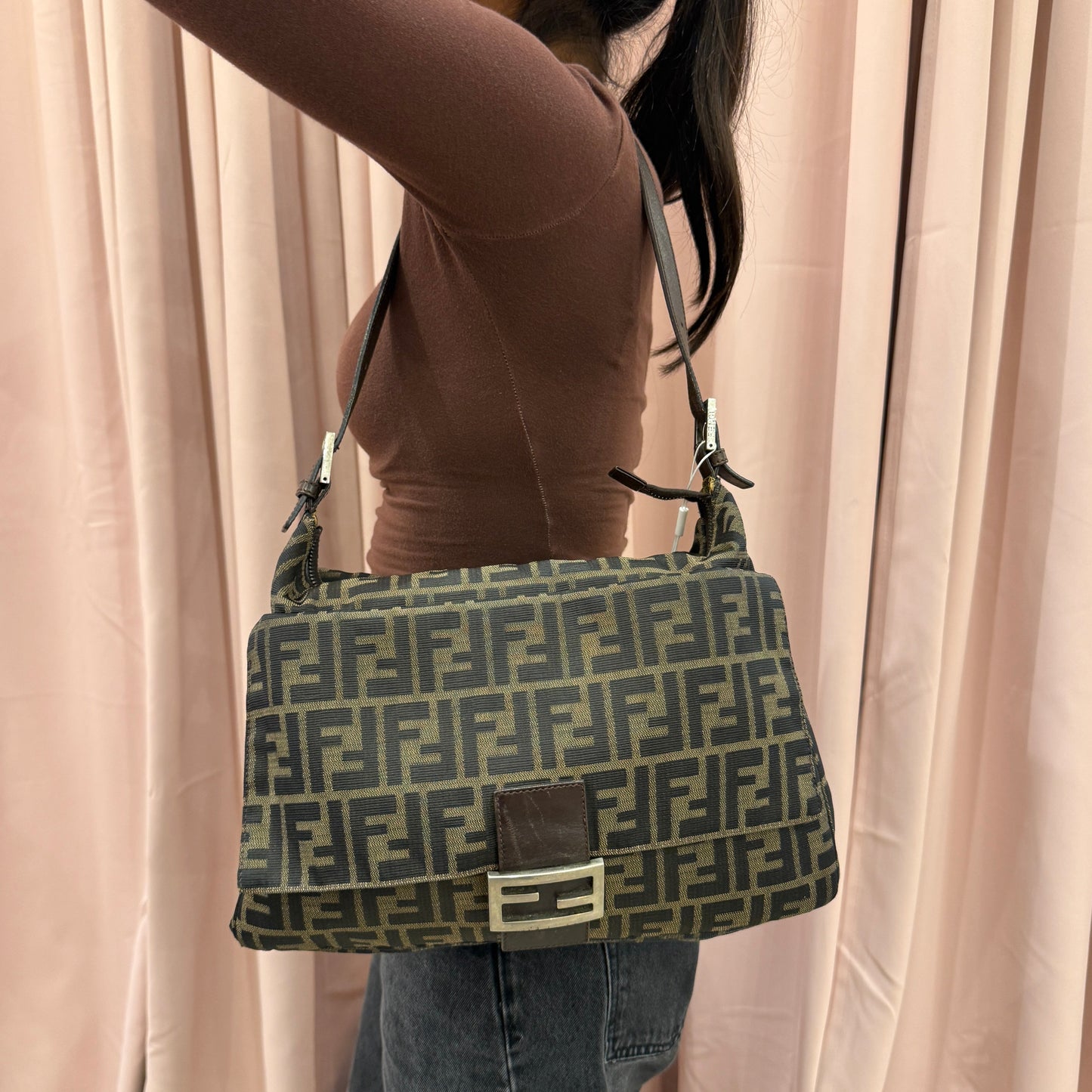 Fendi Brown Canvas Zucca Monogram Zipper Mamma Baguette Shoulder Bag