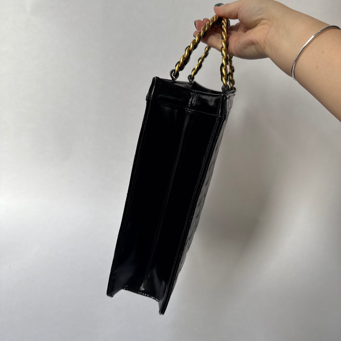 Chanel Black Patent Leather Quilted Top Handle Chain Tote