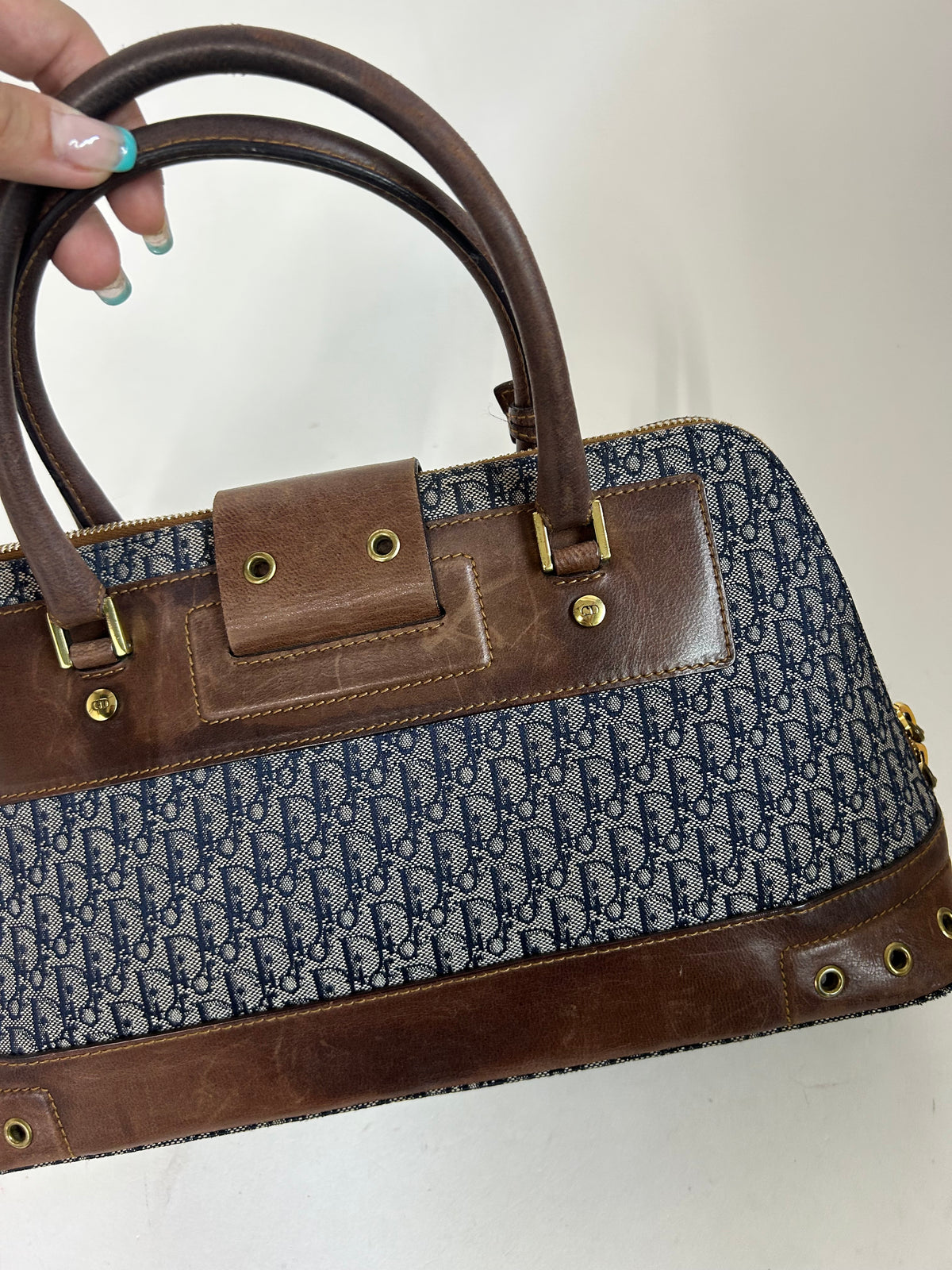 Christian Dior Navy Canvas & Brown Leather Diorissimo Street Chic Top Handle Bag