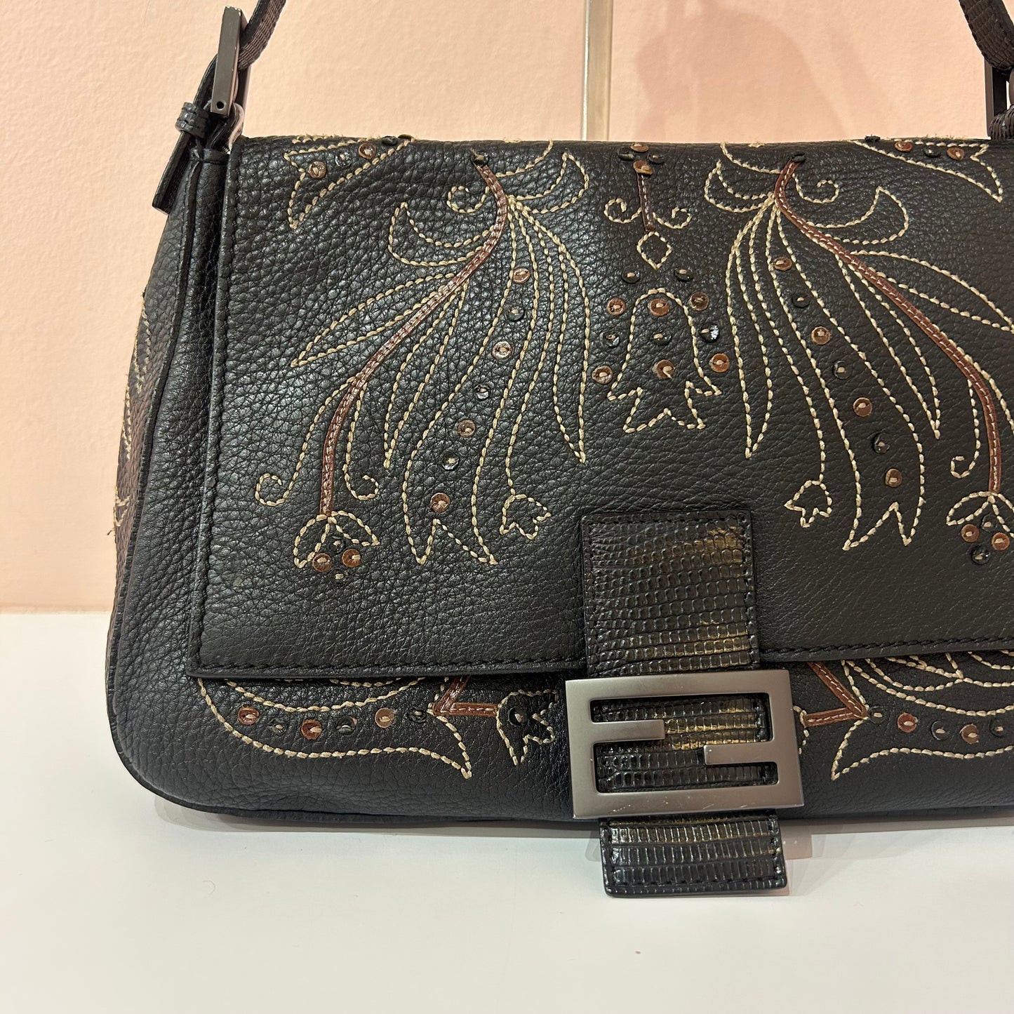 Fendi Dark Brown Pebbled Leather Lizard Trim Stitched Detail Mama Baguette