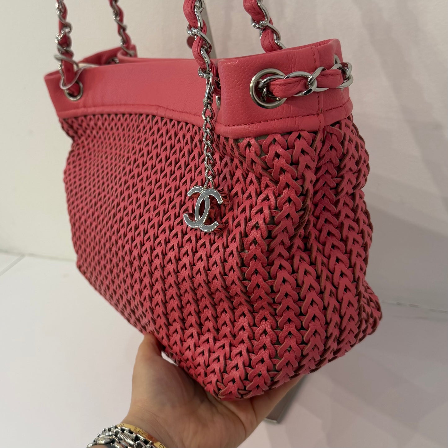 Chanel 2005 Pink Braided Leather Chain Strap Tote Bag