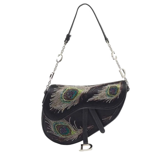 RARE Christian Dior Beaded Peacock Feather Silk Saddle Bag