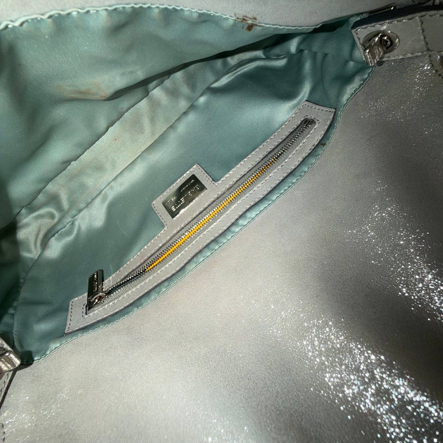 Fendi Silver Metallic Textured Leather Baguette