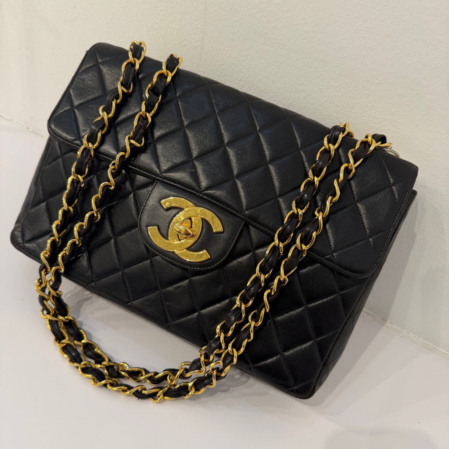 Chanel 24KGP Black Lambskin Leather Matelasse Jumbo Bag