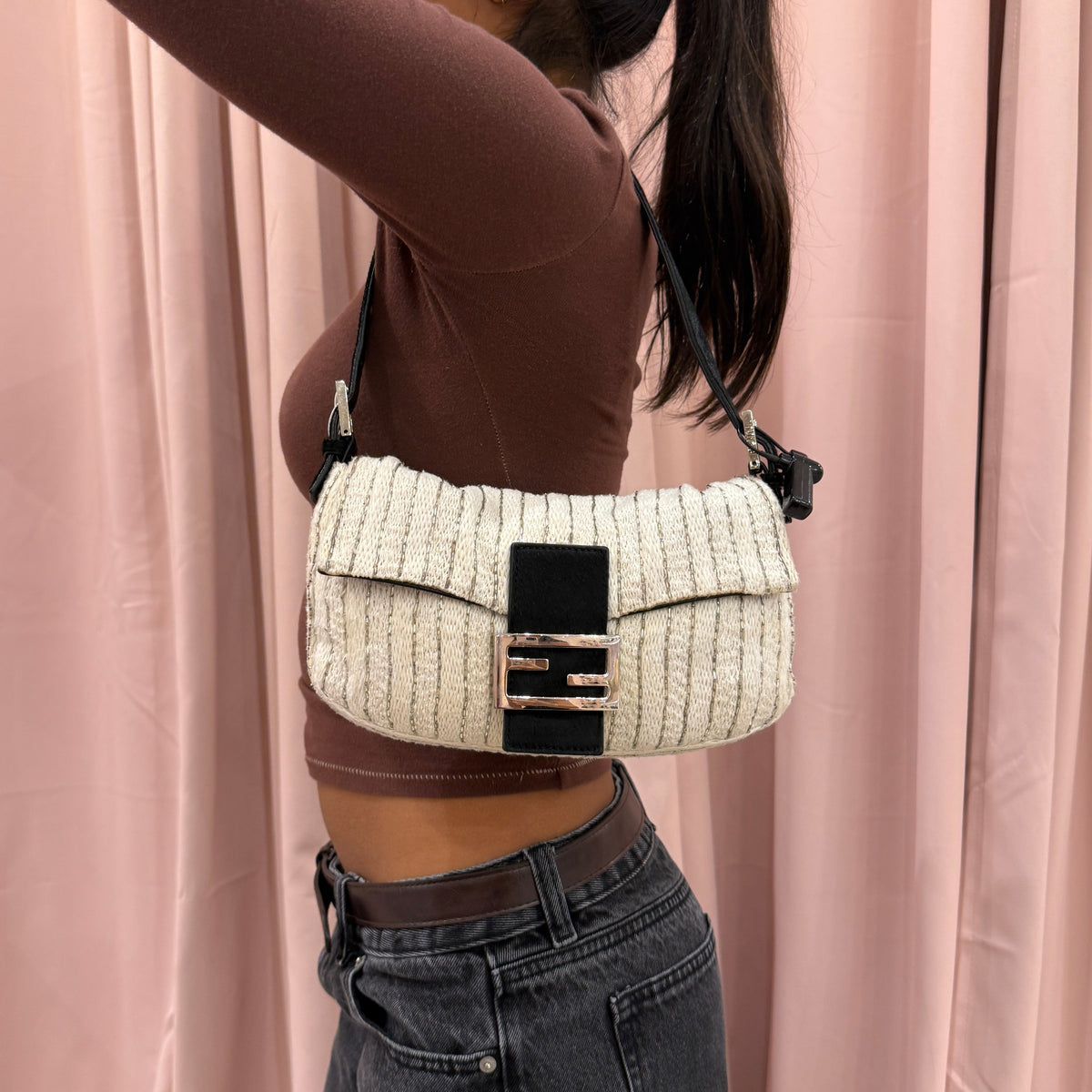 Fendi Ivory Knit Beaded & Ponyhair Baguette Shoulder Bag