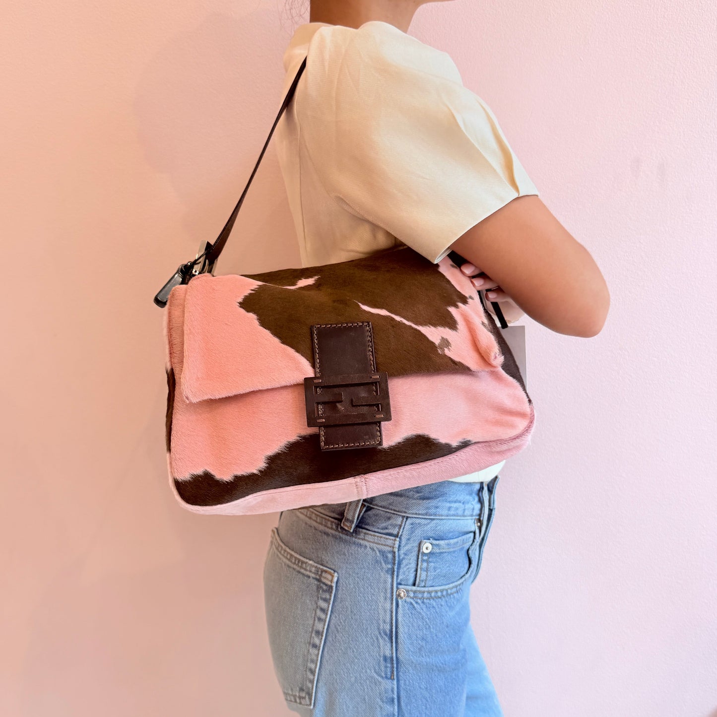 Fendi Pink & Brown Pony-Hair Cow Printed Mamma Baguette