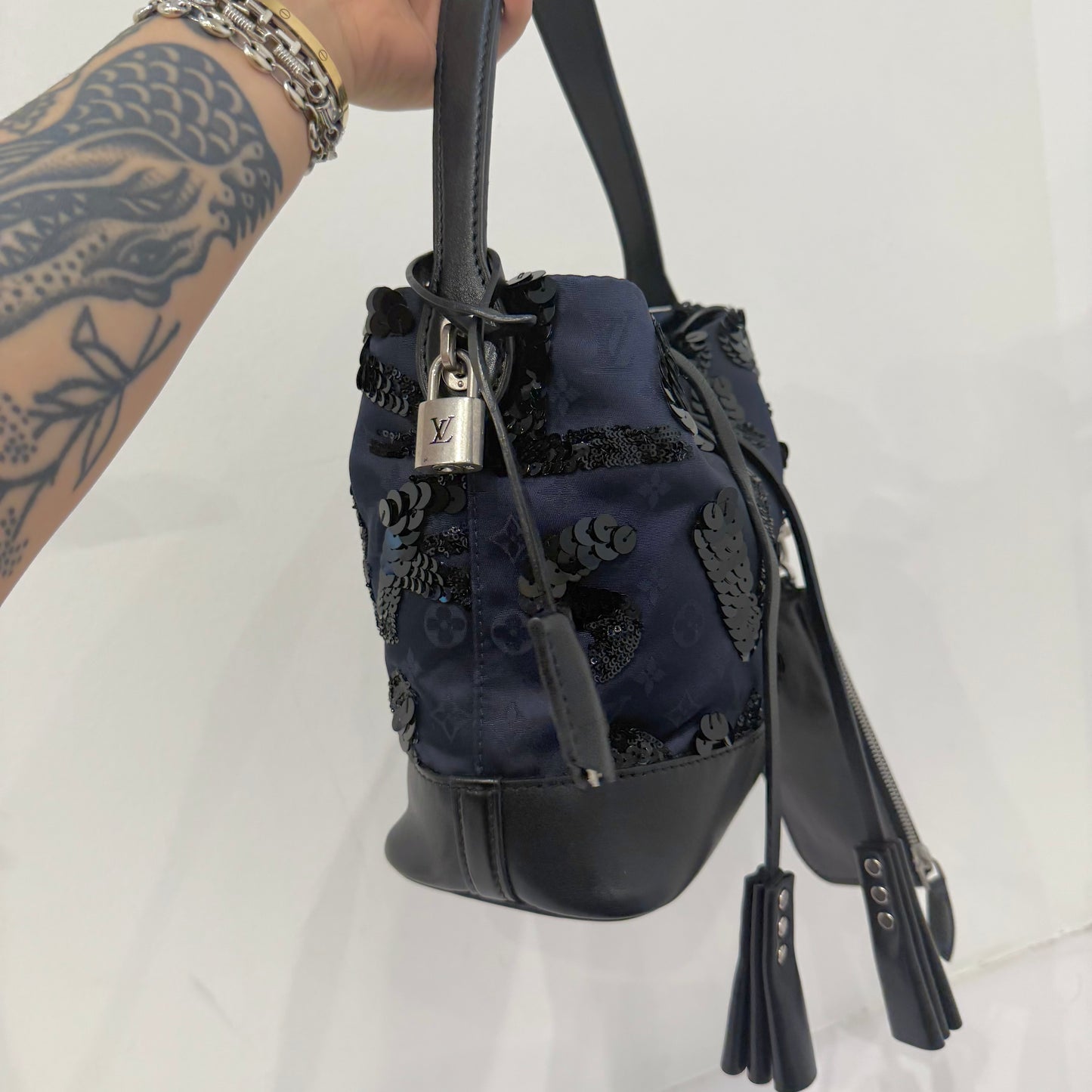 Louis Vuitton Navy Satin Monogram Spotlight PM Black Sequin Bucket Bag