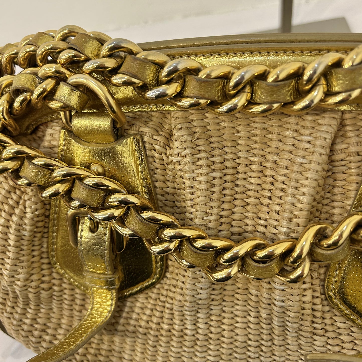 Prada Gold & Beige Raffia Chain Shoulder Bag