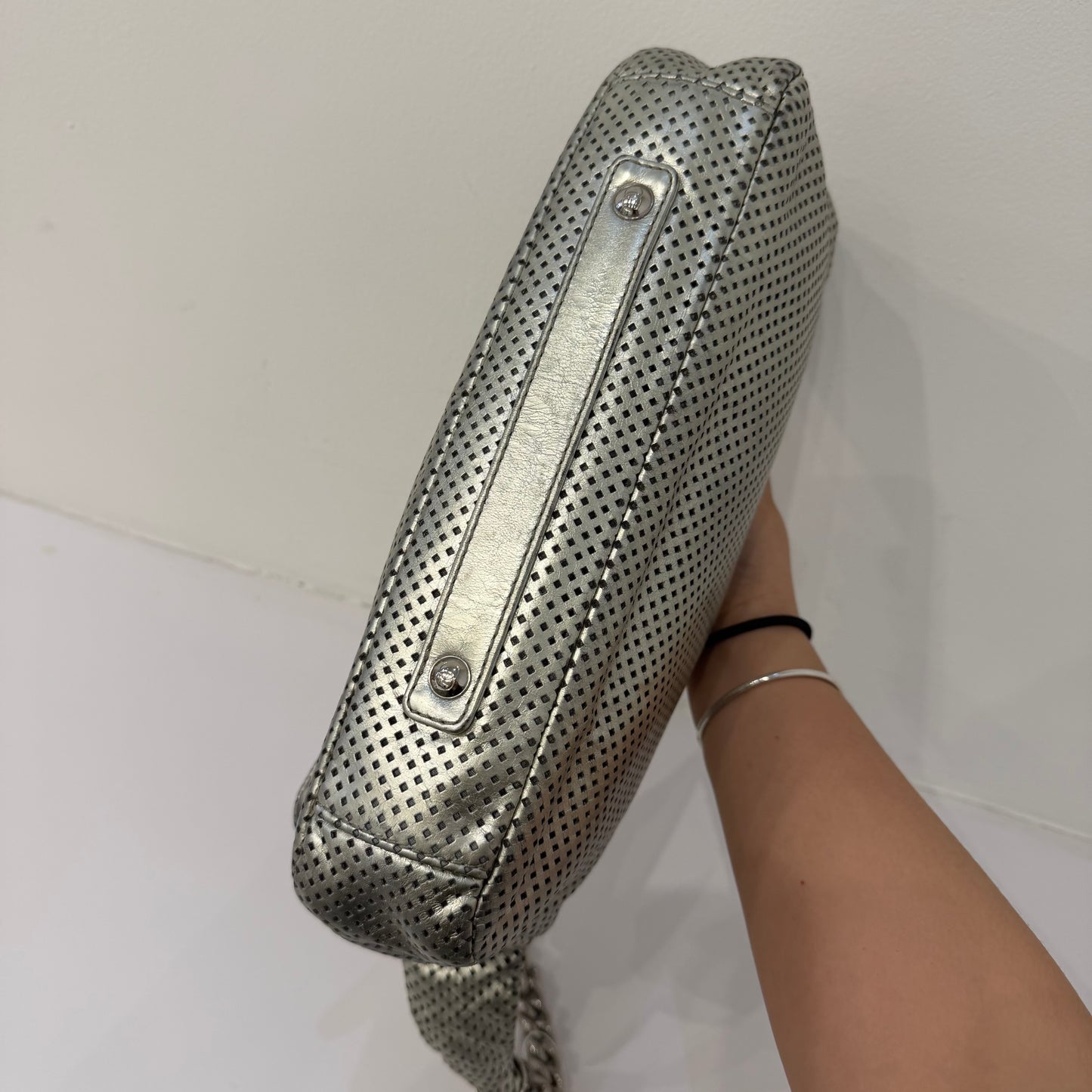 Chanel 2008 Silver Metallic Perforated Leather Rodeo Drive Shoulder Bag