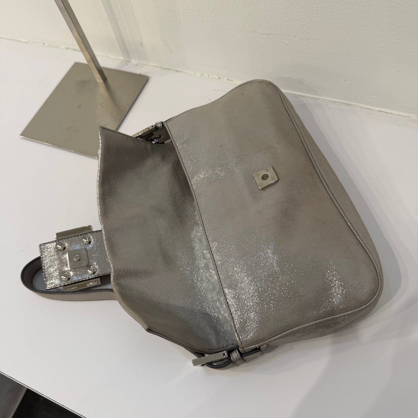 Fendi Silver Metallic Textured Leather Baguette