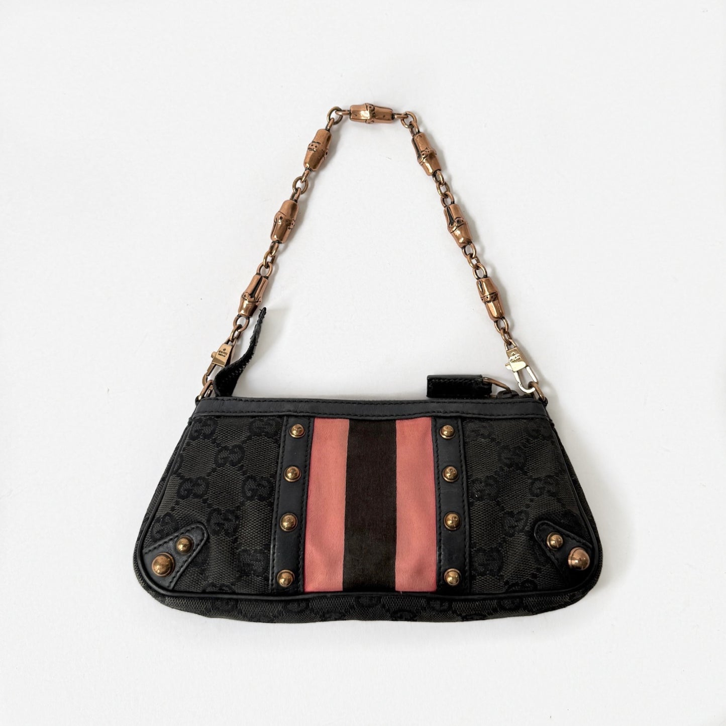 Gucci Black Canvas Monogram Web Bamboo Handle Pochette
