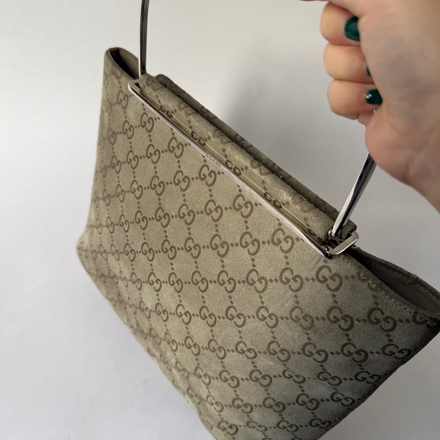 Gucci Beige Suede Monogram SIlver Top Handle Bag