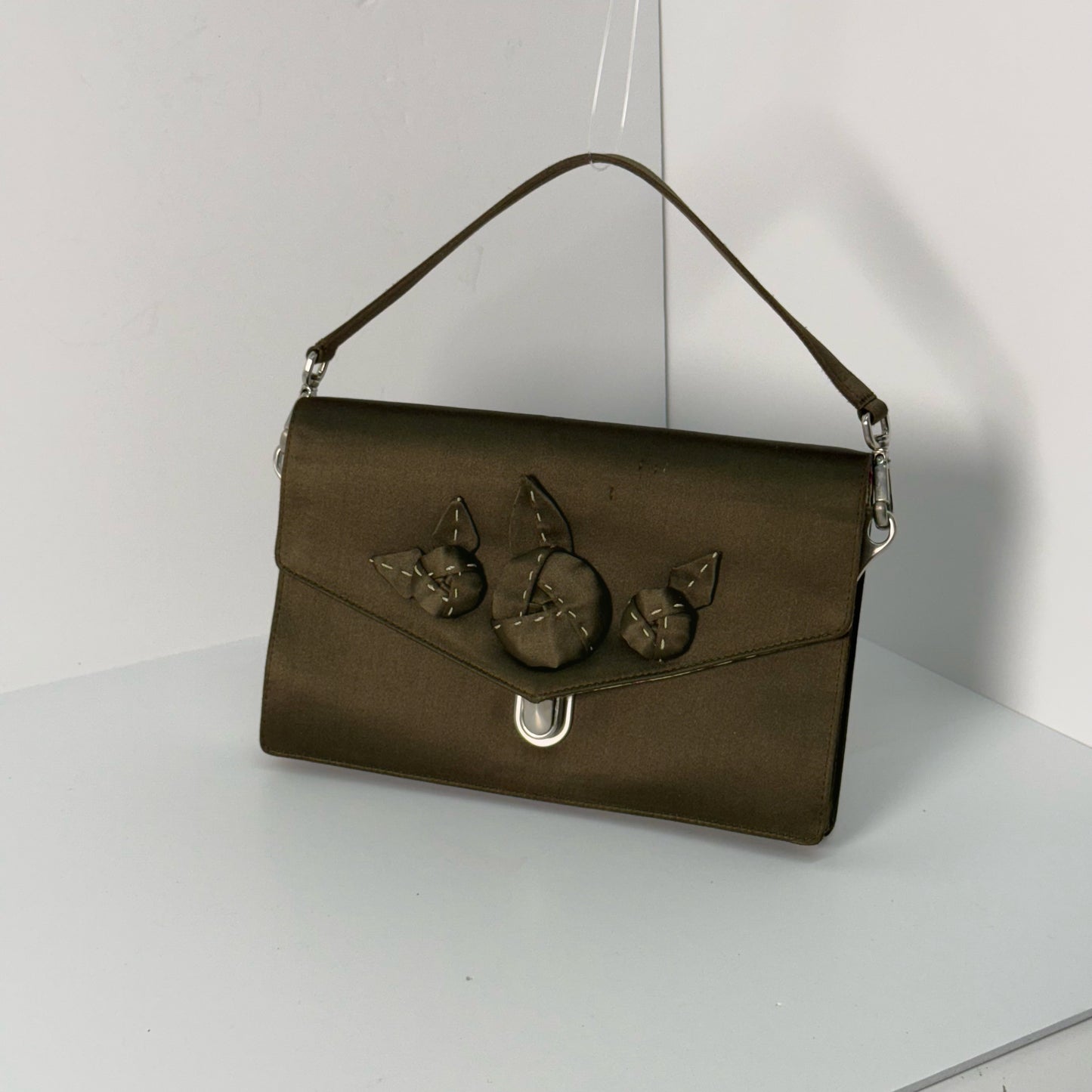 RARE Prada Green Silk Reversible Floral Top Handle Clutch