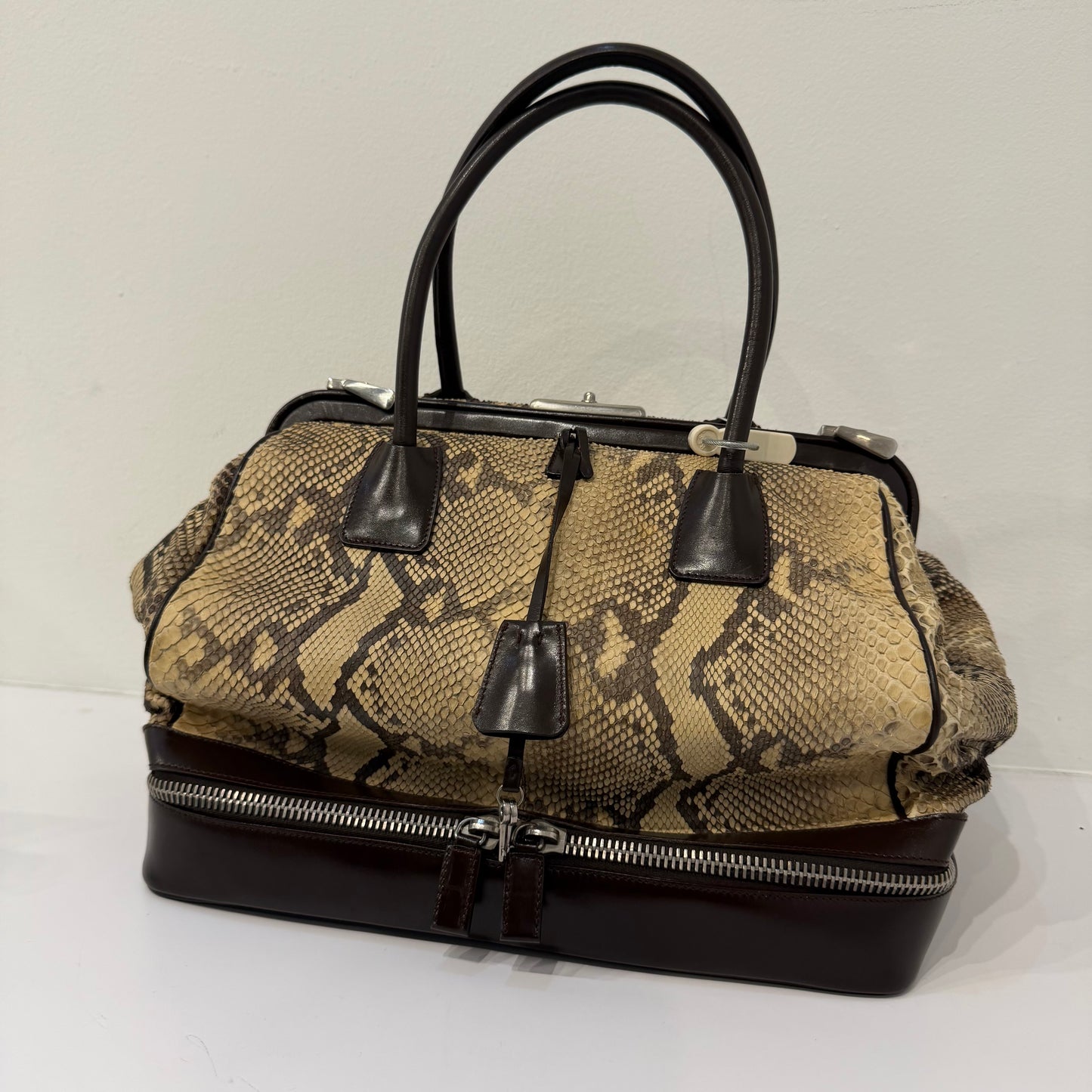 Prada Brown Multicolored Lambskin & Python Leather Doctor Top Handle Bag