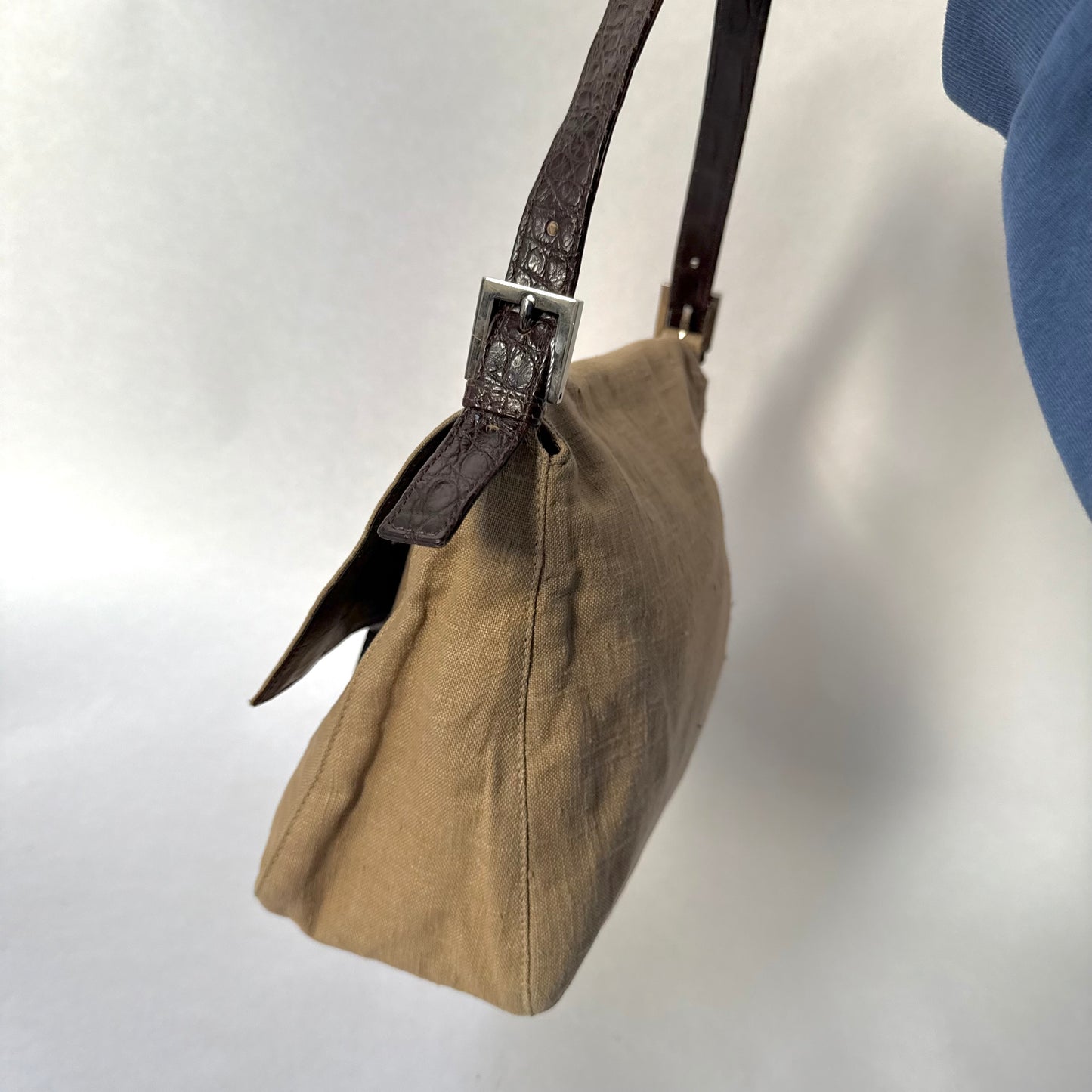 Fendi Brown Crocodile Leather Rafia Linen Mamma Baguette