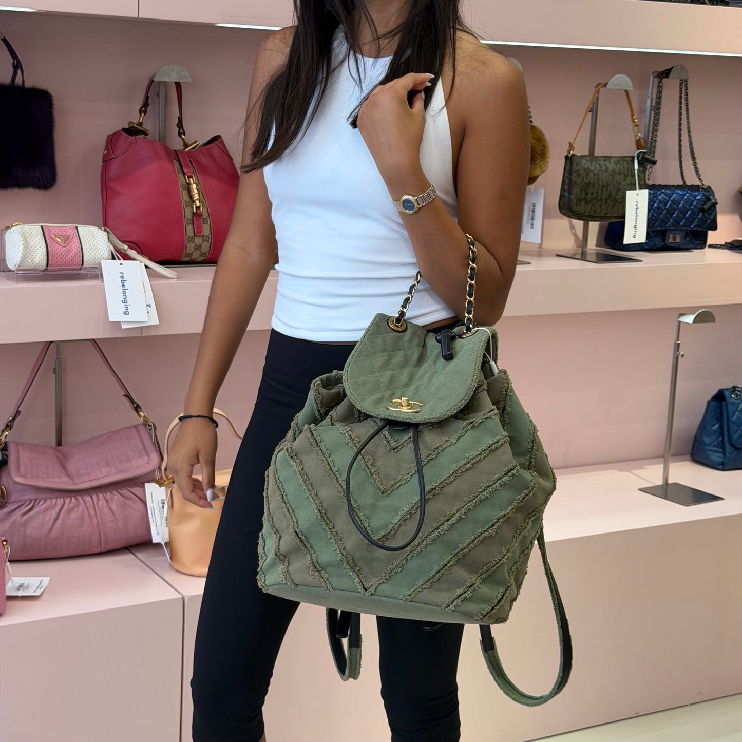 Chanel Green Khaki Canvas Chevron Patchwork Backpack