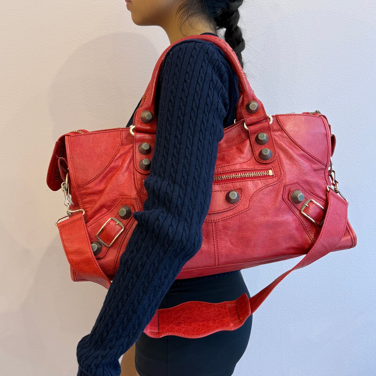 Balenciaga Red Leather "Part-Time" City Bag Giant Rose Gold HW