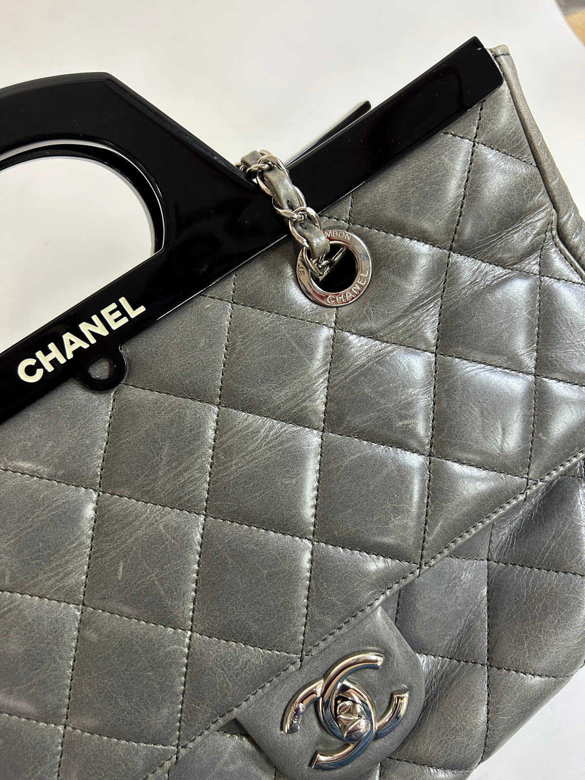Chanel Gray Lambskin Quilted Acrylic Handle Delivery Flap