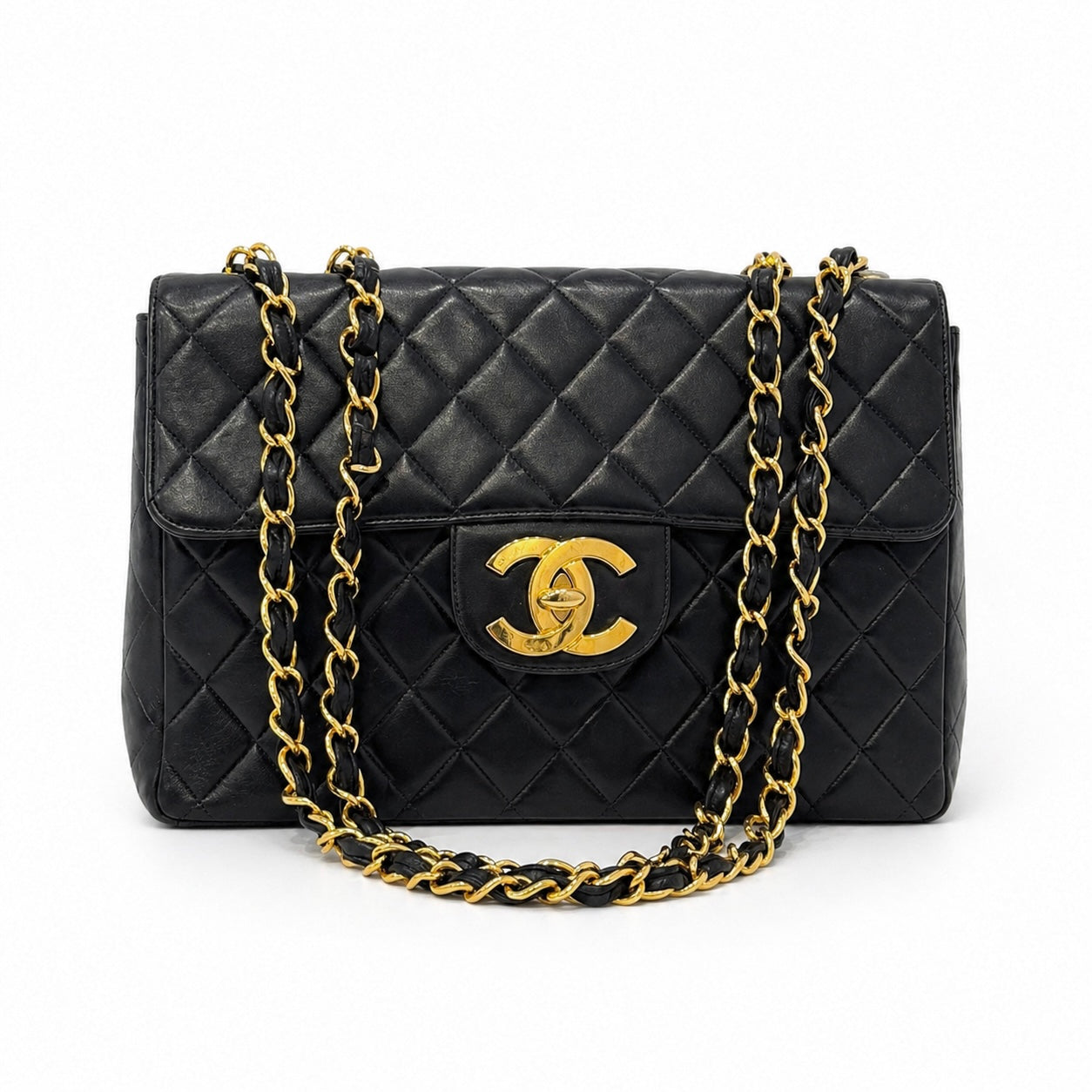 Chanel 24KGP Black Lambskin Leather Matelasse Jumbo Bag
