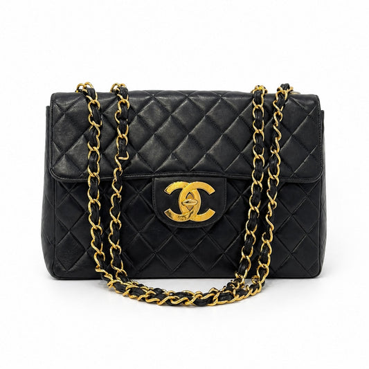 Chanel 24KGP Black Lambskin Leather Matelasse Jumbo Bag