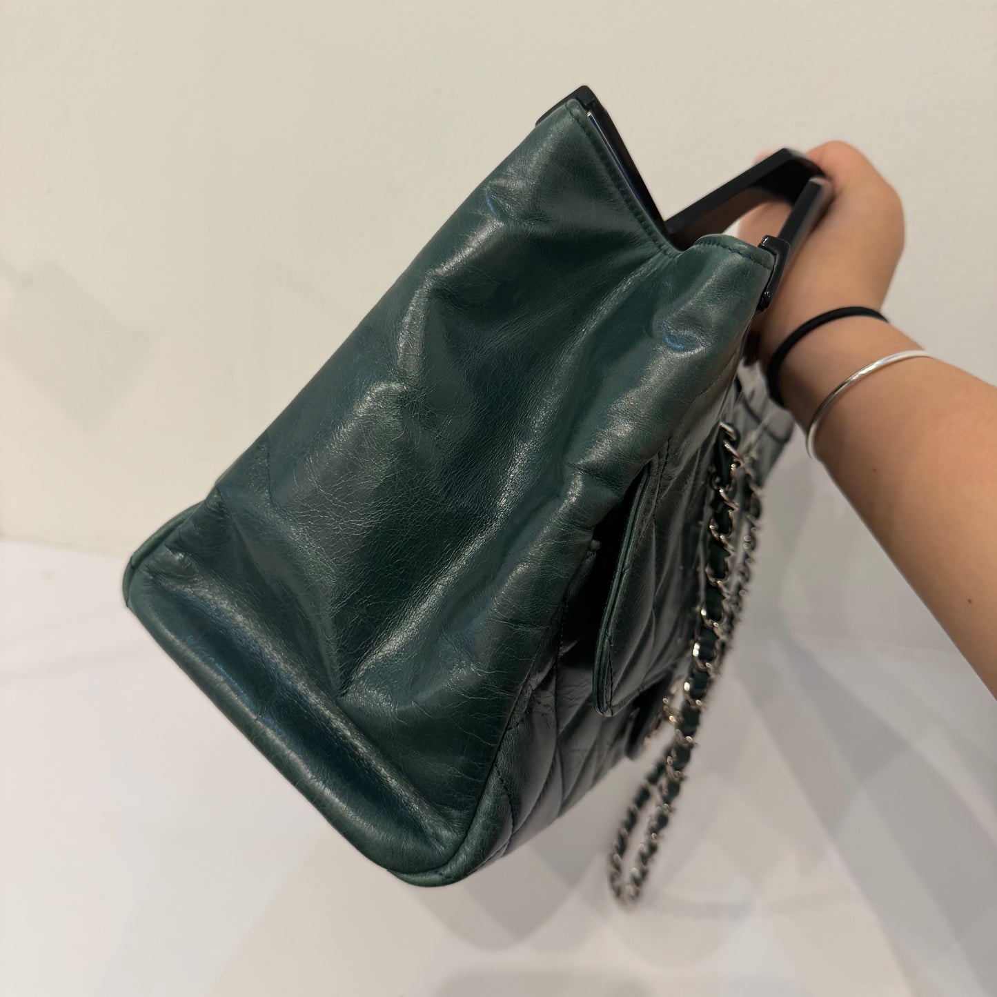 RARE Chanel Green Lambskin Leather Quilted Delivery Tote Bag