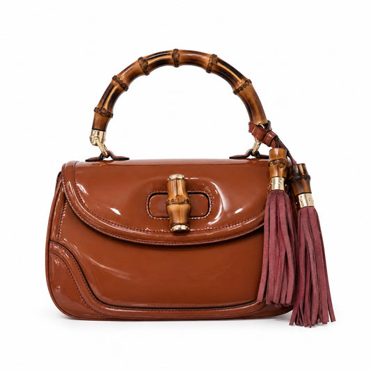 Gucci Patent Leather Bamboo Top Handle Tassel Bag