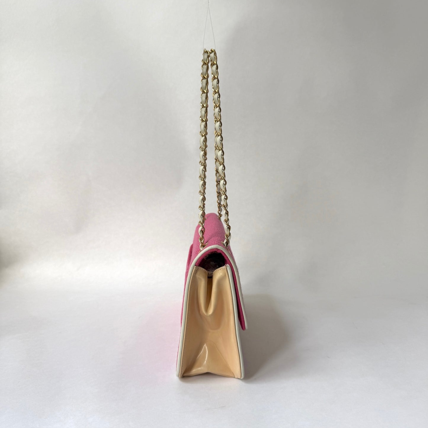 Chanel Pink Jersey & Patent Leather Micro Quilting Double Chain Flap Shoulder Bag