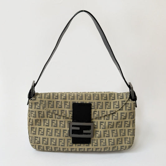 Fendi Brown Zucchino Canvas Round Flap Baguette
